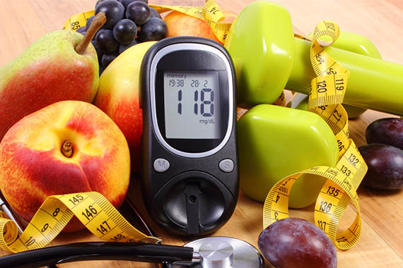 Fruits and diabetes monitoring equipment.